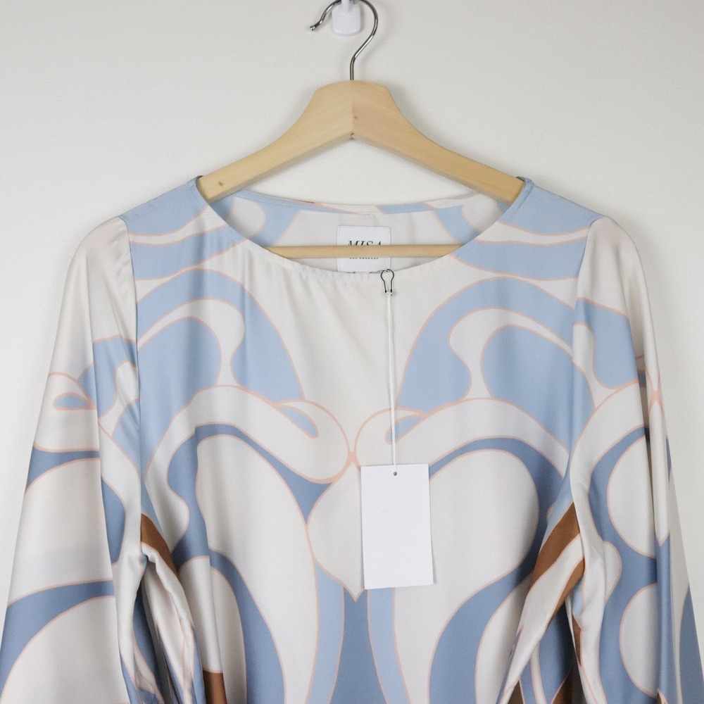 NWT MISA Twiggy Dress The Swans All Over Medium Blue Brown Abstract Print Mini - Picture 4 of 10